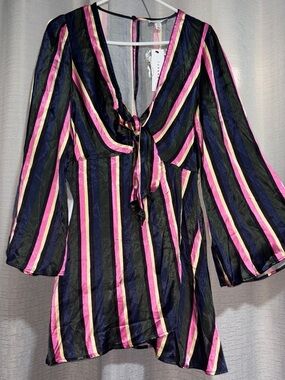 Top Shop Striped Tie-Front Mini Dress in Black, Pink & Gold